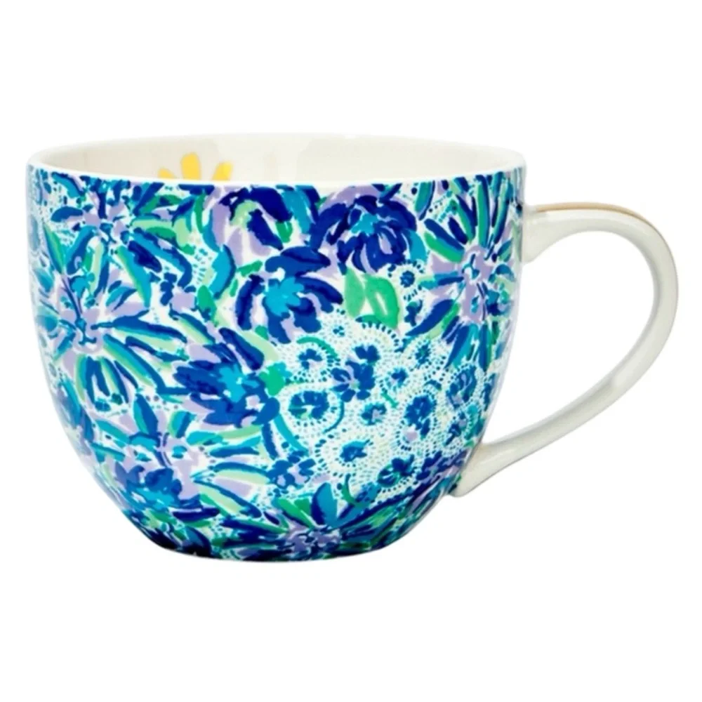 Set of 2 Lilly Pulitzer Mug Cup 12 Oz Floral Blue Gold Handle Hidden Lion